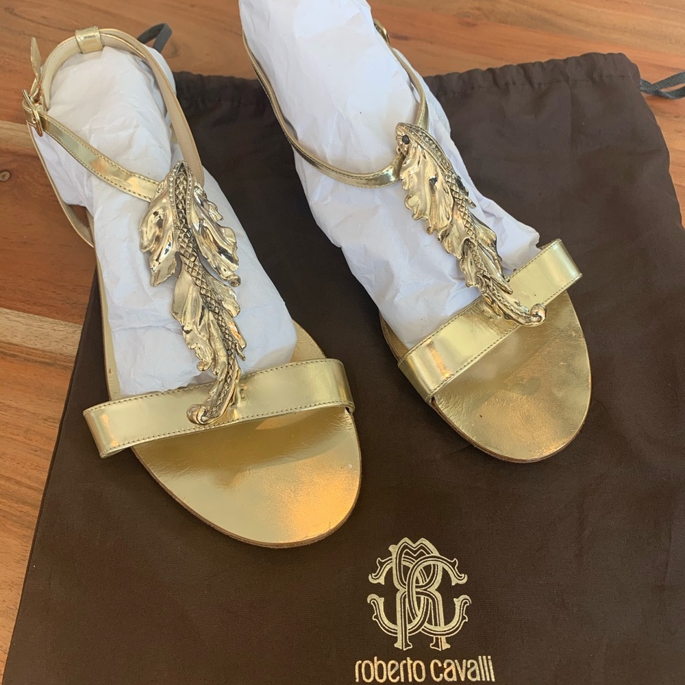 Roberto Cavalli Gold Leather & Metal Sandals 41
